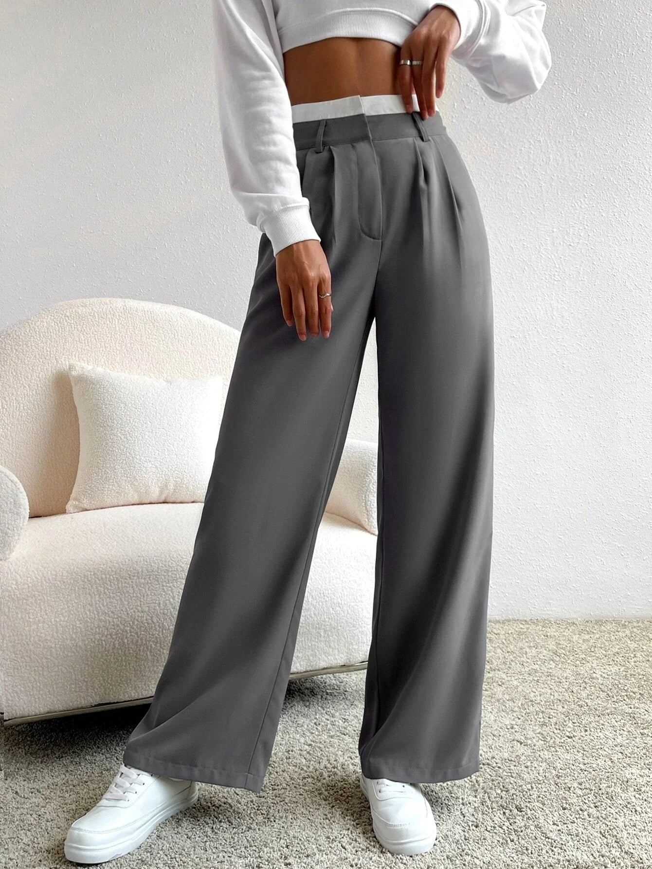 Buy SHEIN EZwear Spring Dress PantsHigh Waist Plicated Detail Wide Leg Suit Pants in Pakistan