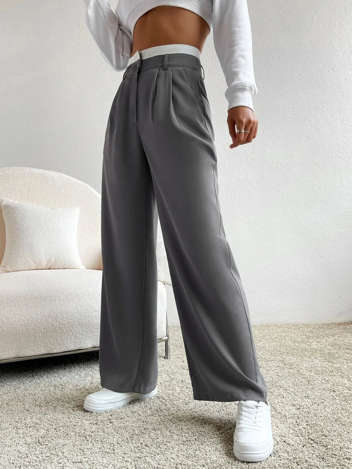 Buy SHEIN EZwear Spring Dress PantsHigh Waist Plicated Detail Wide Leg Suit Pants in Pakistan