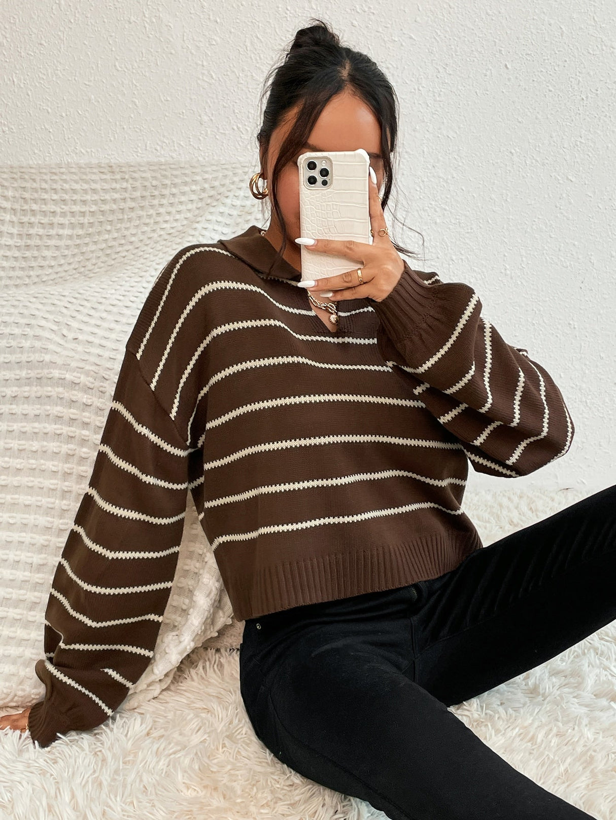 Buy SHEIN EZwear Striped Pattern Drop Shoulder Sweater in Pakistan