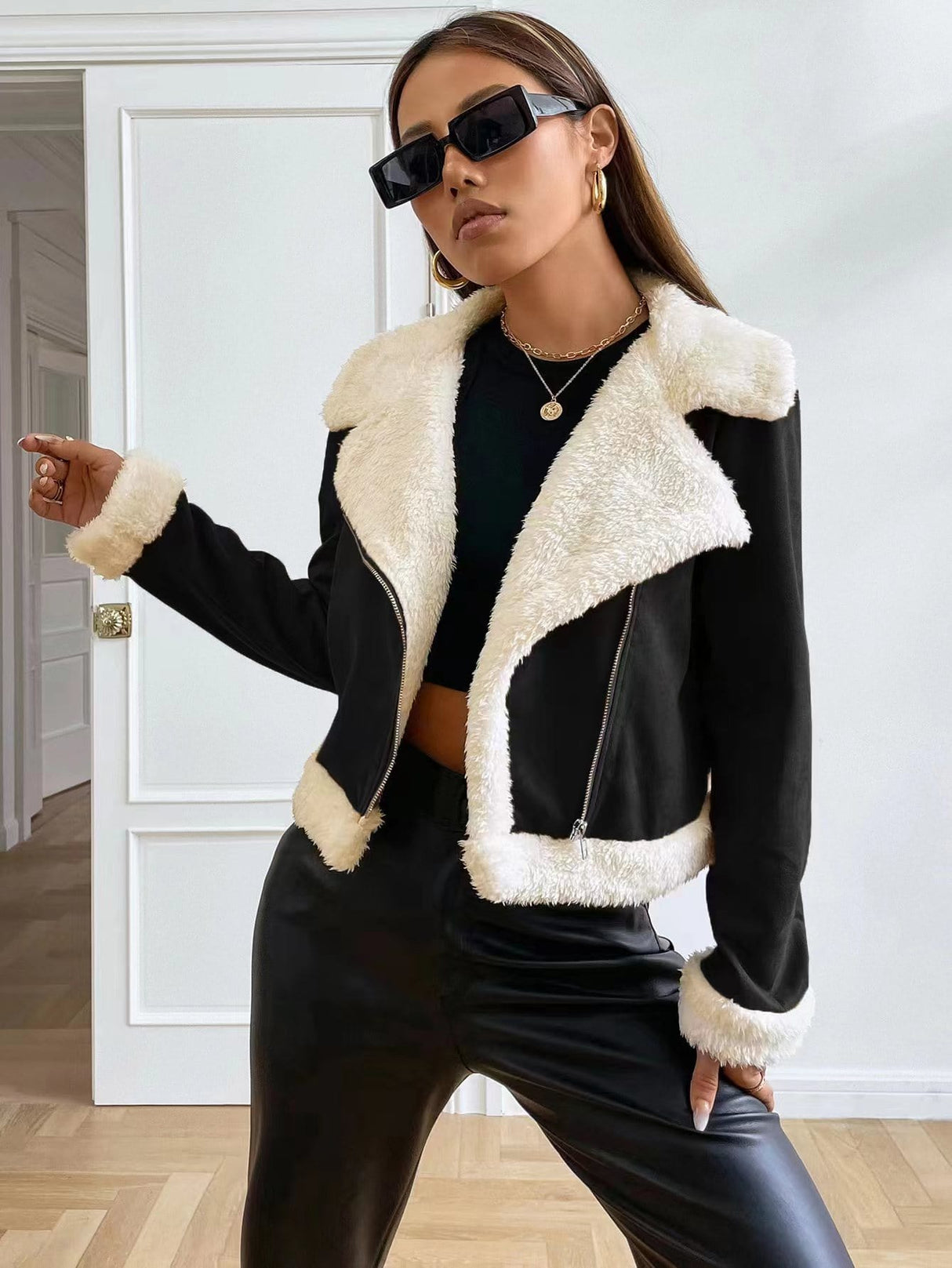 Buy SHEIN EZwear Teddy Lined Open Front Suedette Moto Jacket in Pakistan
