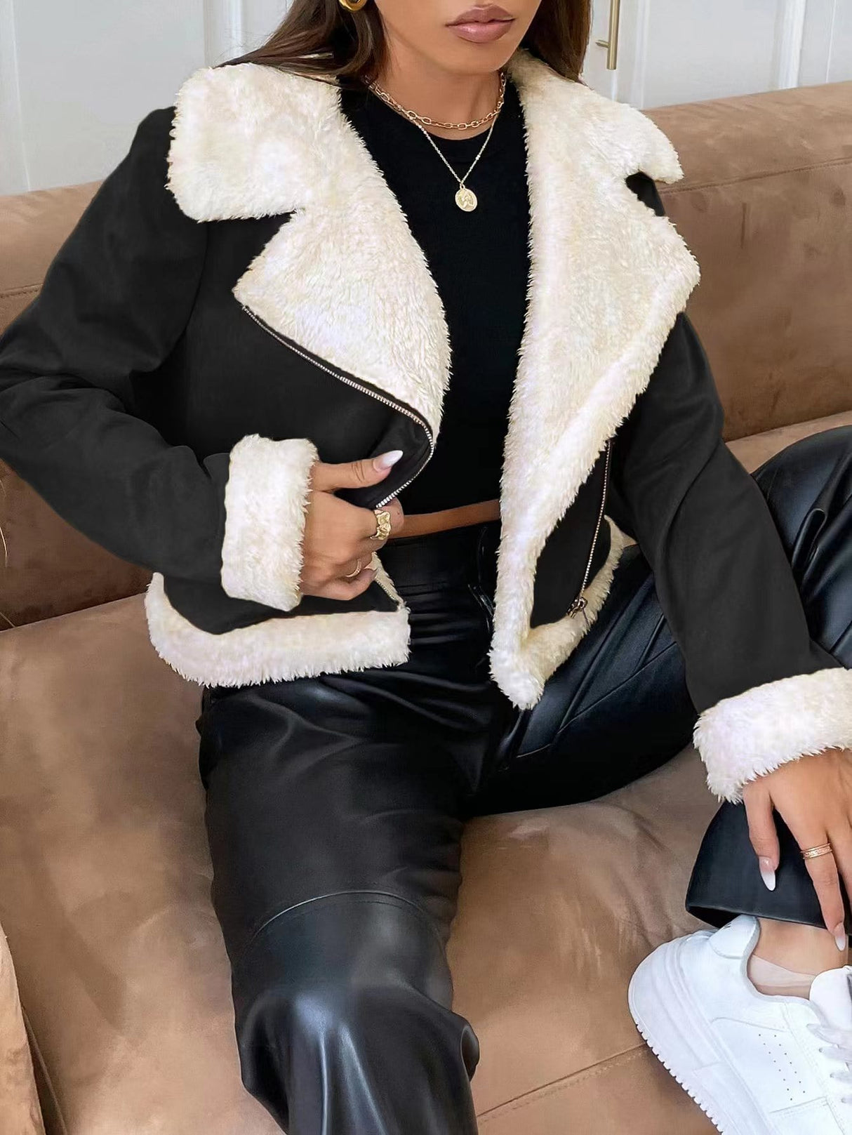 Buy SHEIN EZwear Teddy Lined Open Front Suedette Moto Jacket in Pakistan