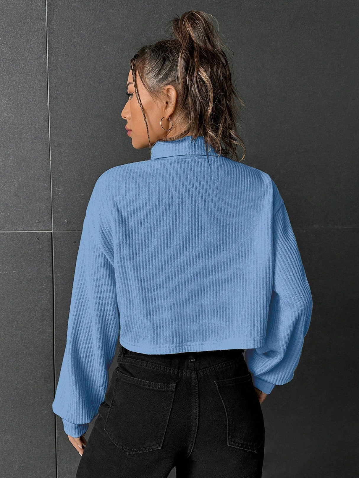 Buy SHEIN EZwear Turtleneck Drop Shoulder Ribbed Knit Crop Tee in Pakistan