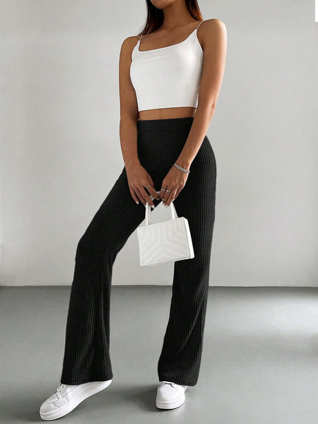 Buy SHEIN EZwear Y2k Women's Solid Color Flared Bell Bottom Black Pants in Pakistan
