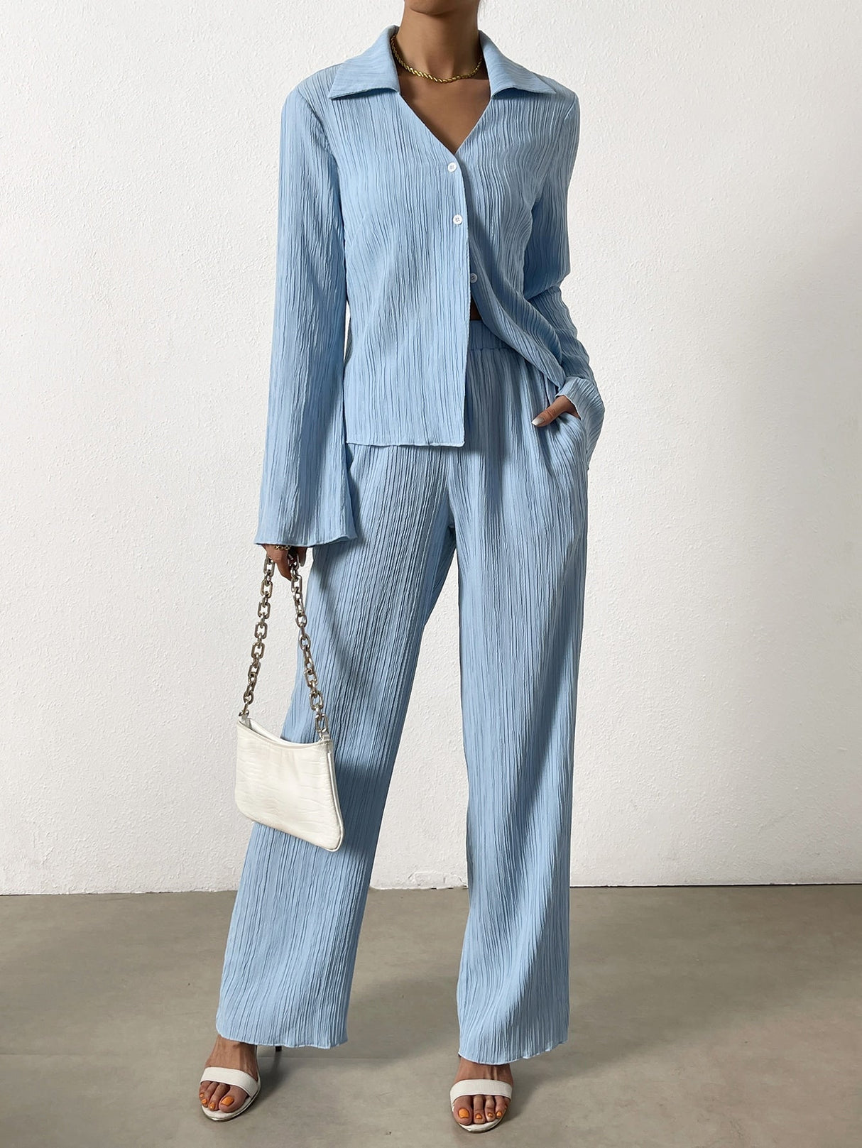 Buy SHEIN Essnce Bell Sleeve Plisse Shirt & Wide Leg Pants in Pakistan