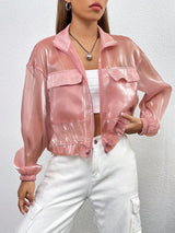 Buy SHEIN Essnce Flap Detail Drawstring Hem Drop Shoulder Mesh Jacket Without Cami Top in Pakistan