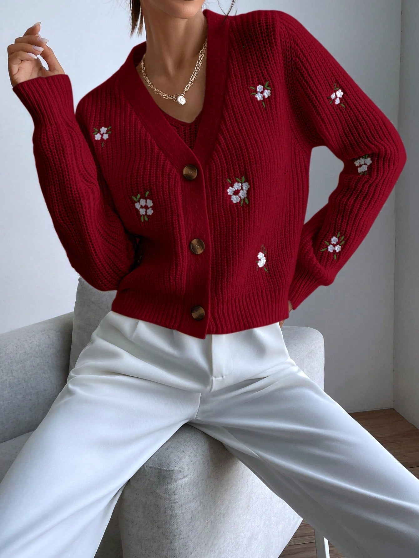 Buy SHEIN Essnce Floral Embroidery Cardigan & Knit Top in Pakistan