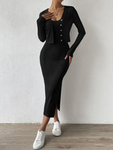 Buy SHEIN Essnce Ribbed Knit Button Front Top & Split Thigh Bodycon Dress in Pakistan