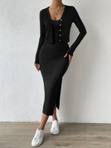 Buy SHEIN Essnce Ribbed Knit Button Front Top & Split Thigh Bodycon Dress in Pakistan