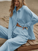 Buy SHEIN Essnce Slit Hem Longline Blouse & Wide Leg Trousers Set in Pakistan