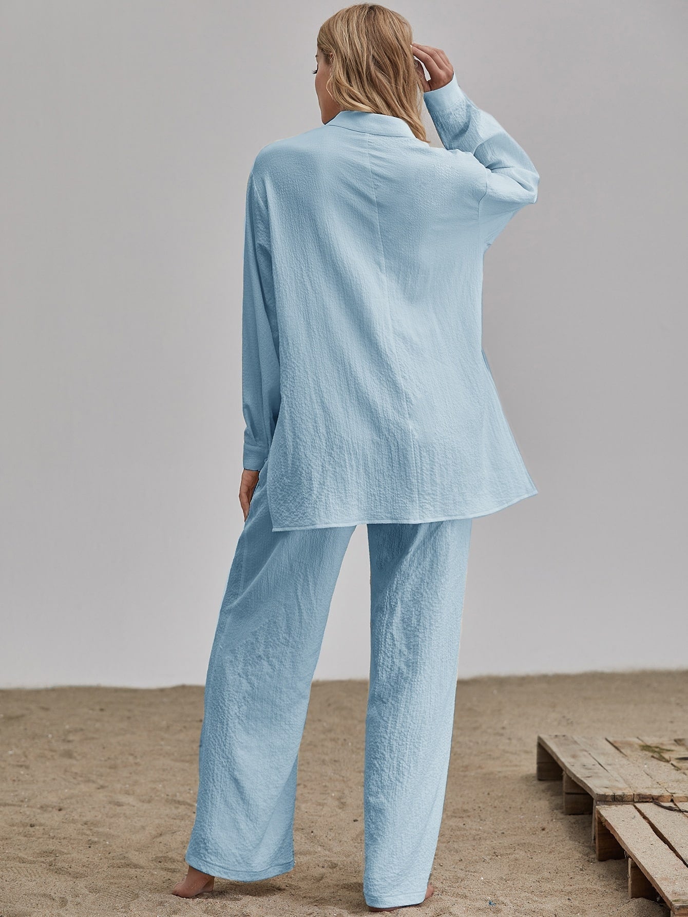 Buy SHEIN Essnce Slit Hem Longline Blouse & Wide Leg Trousers Set in Pakistan