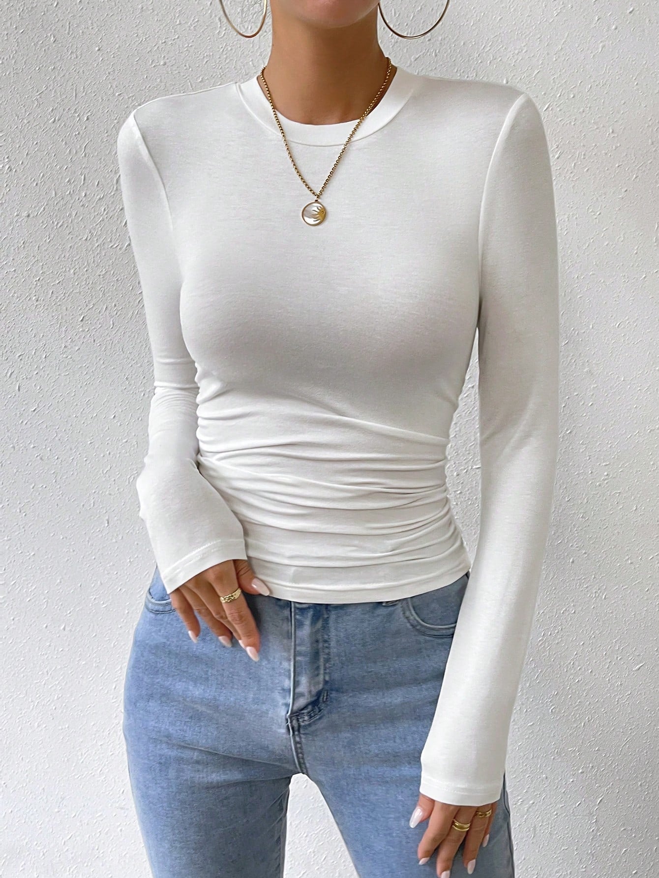 Buy SHEIN Essnce Solid Ruched Slim Fit Tee in Pakistan