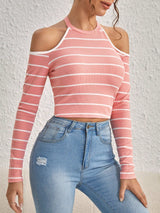 Buy SHEIN Essnce Striped Print Cold Shoulder Tee in Pakistan