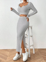 Buy SHEIN Essnce Striped Print Notched Neck Crop Tee & Split Thigh Skirt in Pakistan