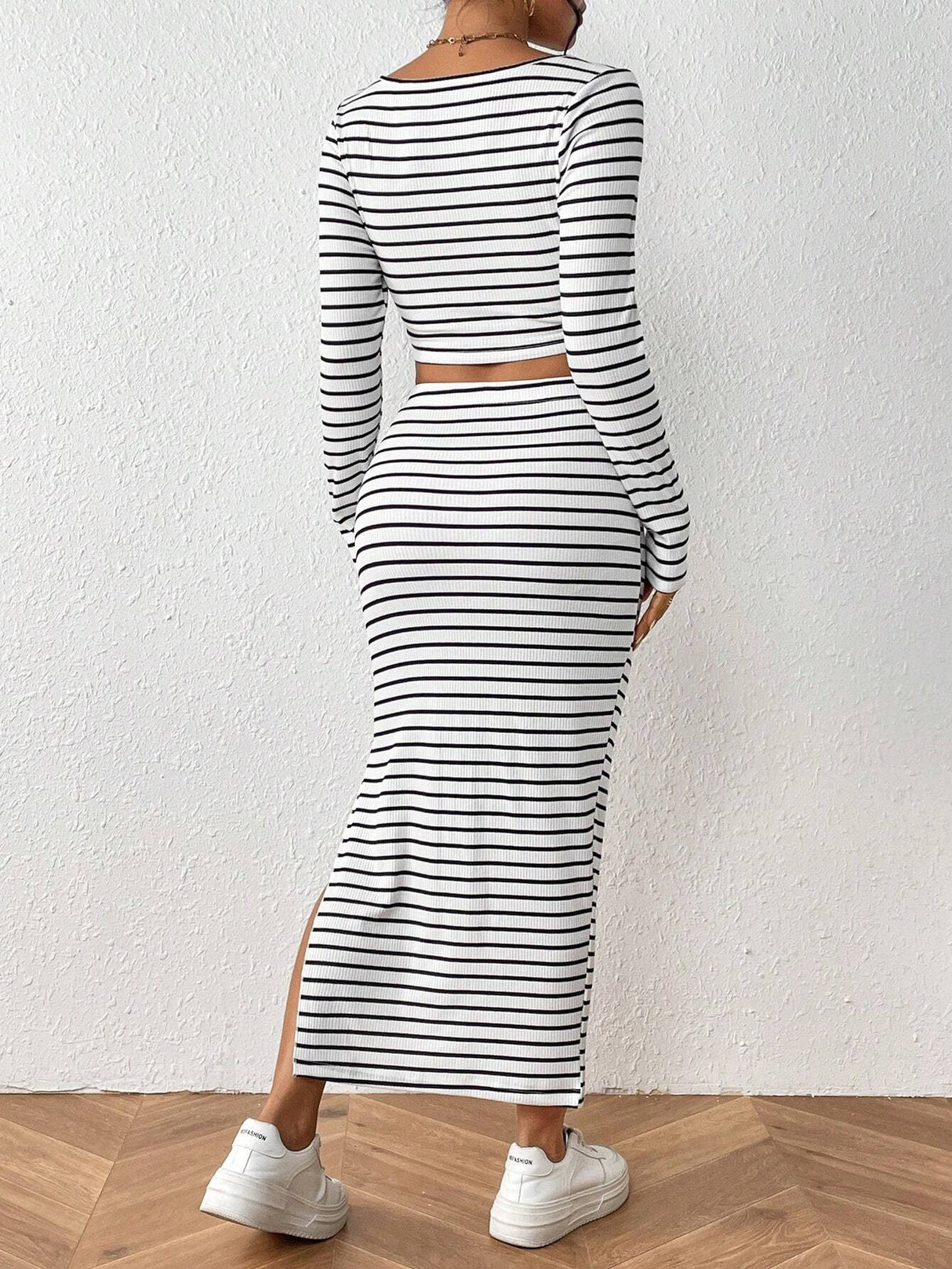 Buy SHEIN Essnce Striped Print Notched Neck Crop Tee & Split Thigh Skirt in Pakistan