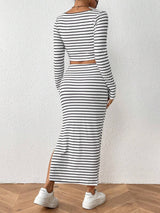 Buy SHEIN Essnce Striped Print Notched Neck Crop Tee & Split Thigh Skirt in Pakistan