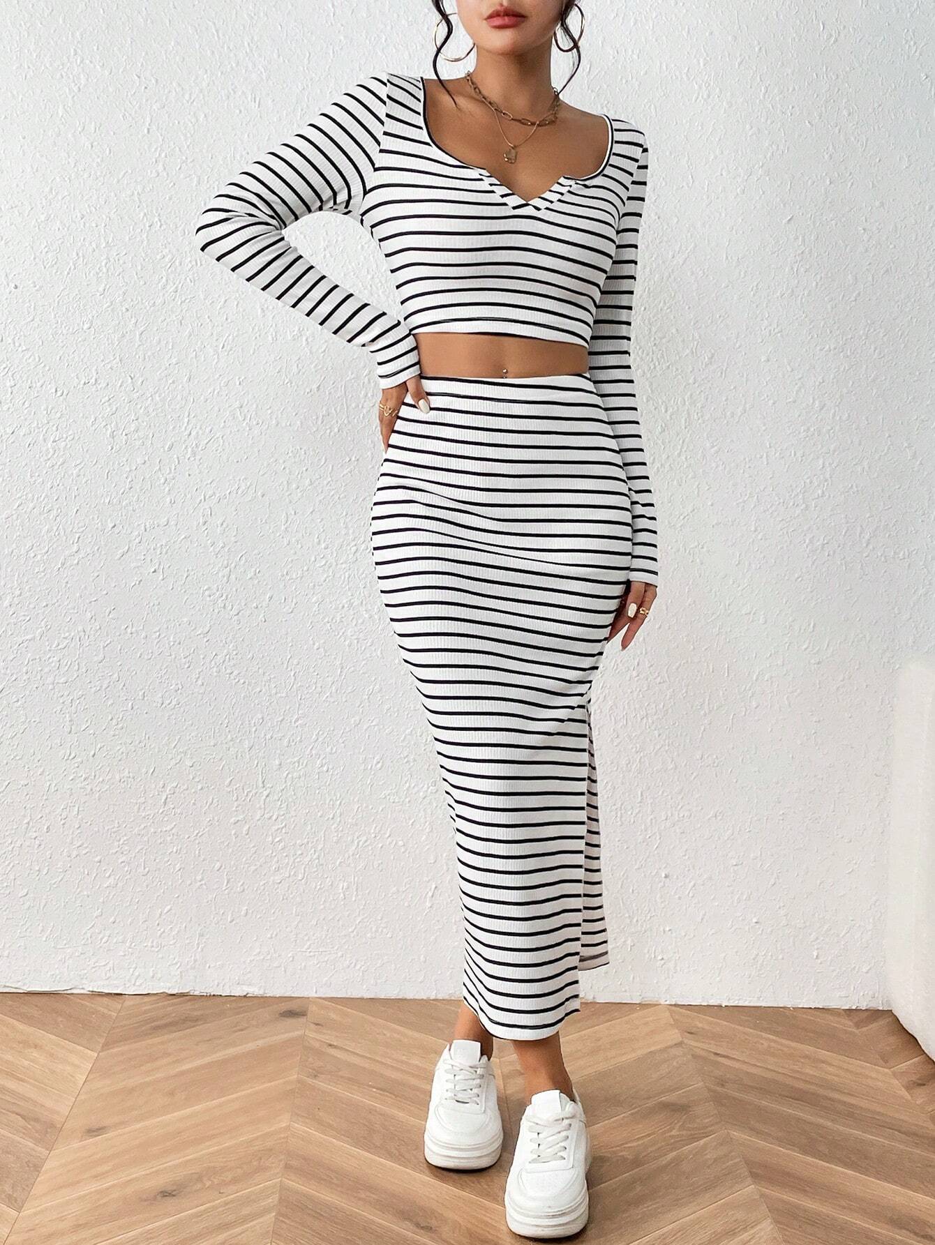 Buy SHEIN Essnce Striped Print Notched Neck Crop Tee & Split Thigh Skirt in Pakistan