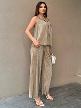 Buy SHEIN Essnce Women's Button Front Sleeveless Top And Wide Leg Pants 2pcs/Set in Pakistan
