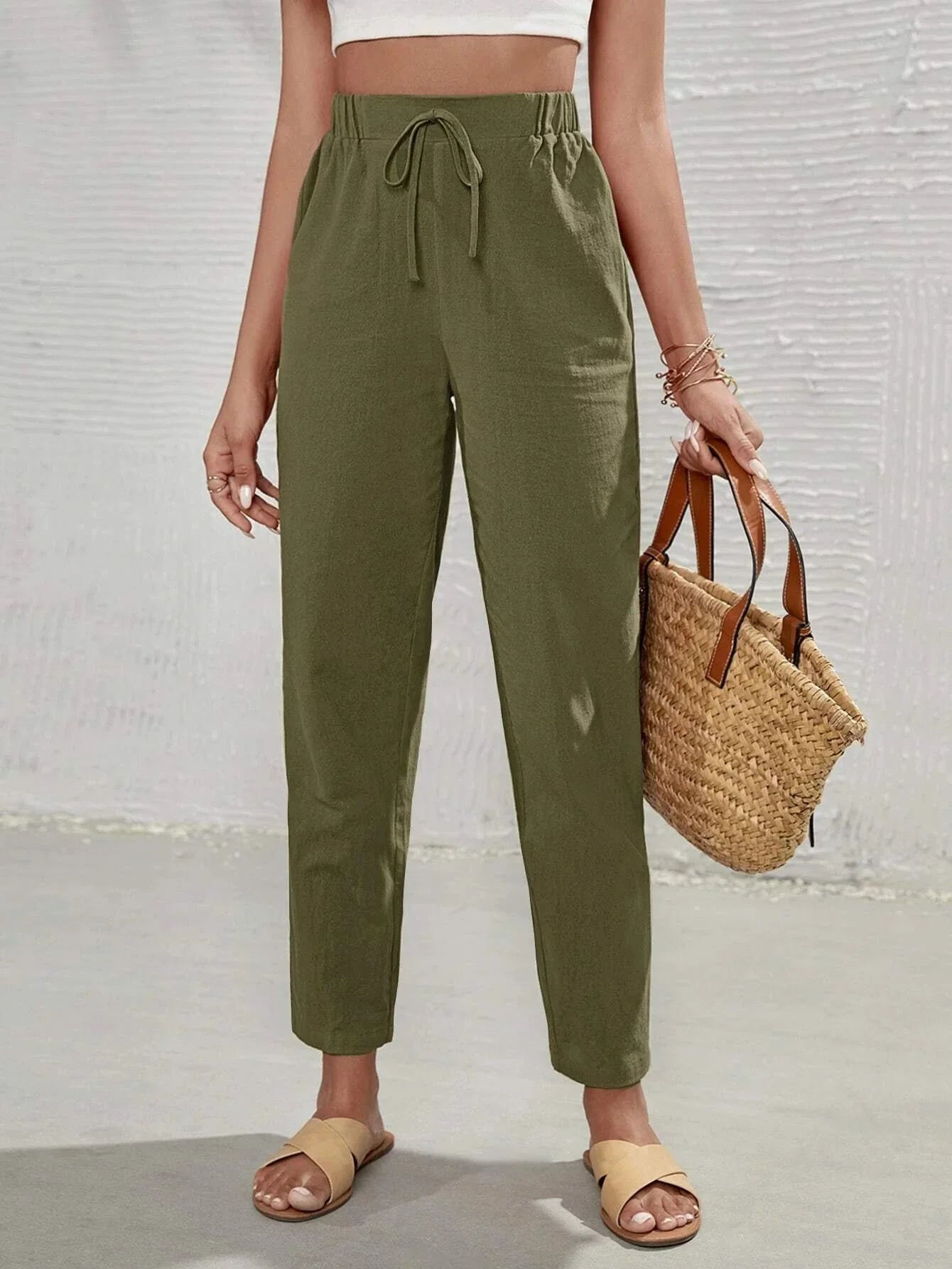 Buy SHEIN Frenchy High Waist Tie Front Tapered Pants in Pakistan