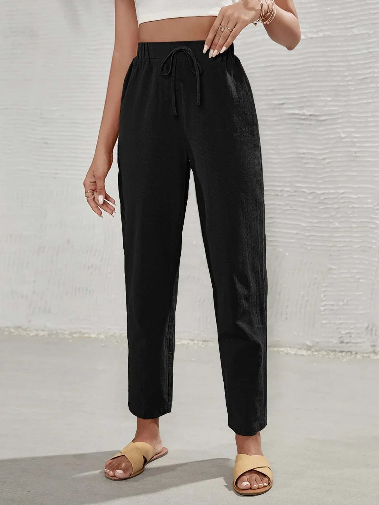 Buy SHEIN Frenchy High Waist Tie Front Tapered Pants in Pakistan