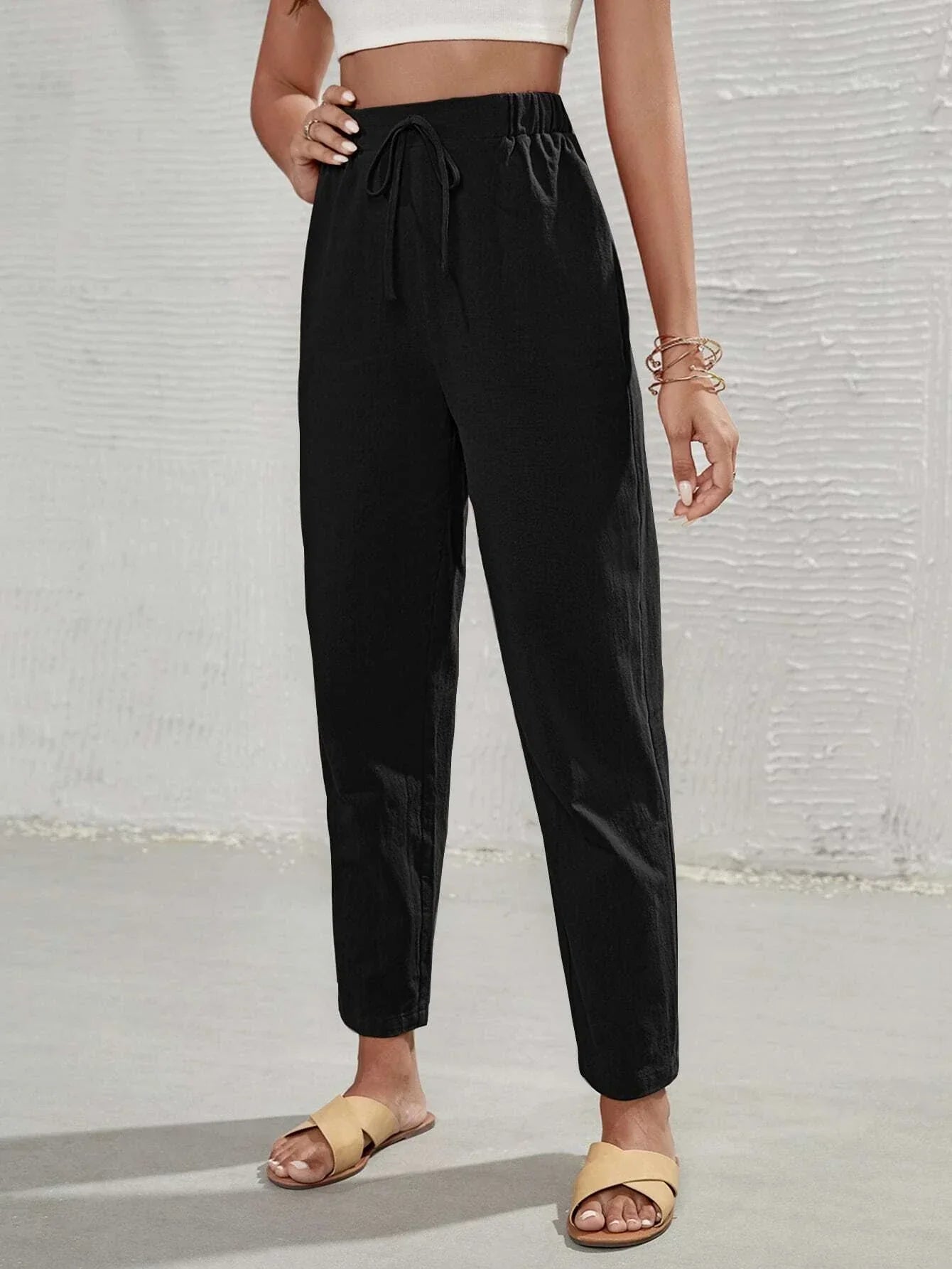 Buy SHEIN Frenchy High Waist Tie Front Tapered Pants in Pakistan