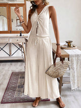 Buy SHEIN Frenchy Linen Pleated Sleeveless Top + Side-Slit Wide Leg Long Pants Set in Pakistan