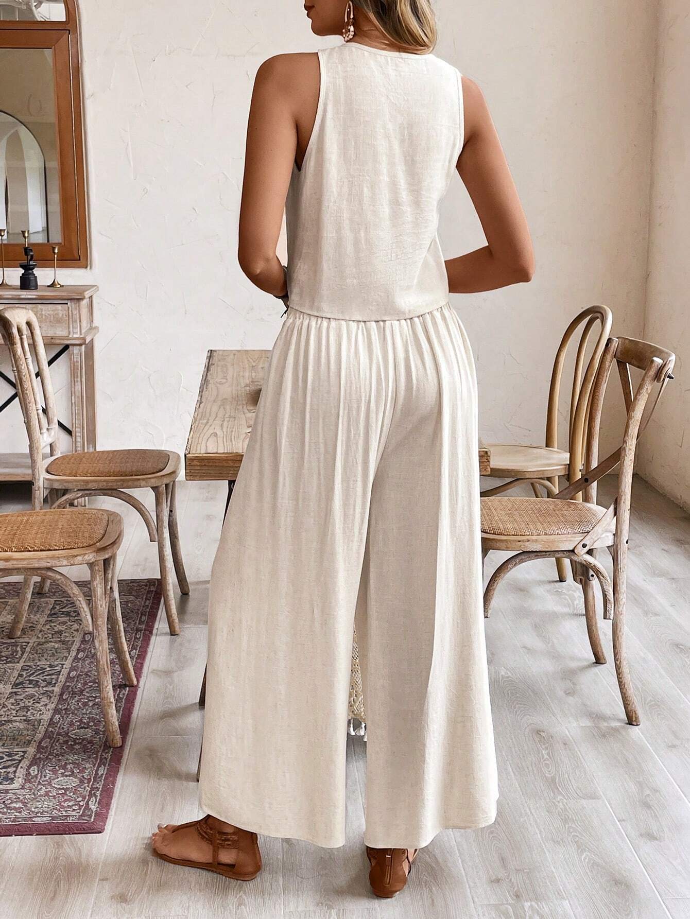 Buy SHEIN Frenchy Linen Pleated Sleeveless Top + Side-Slit Wide Leg Long Pants Set in Pakistan
