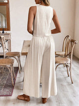 Buy SHEIN Frenchy Linen Pleated Sleeveless Top + Side-Slit Wide Leg Long Pants Set in Pakistan