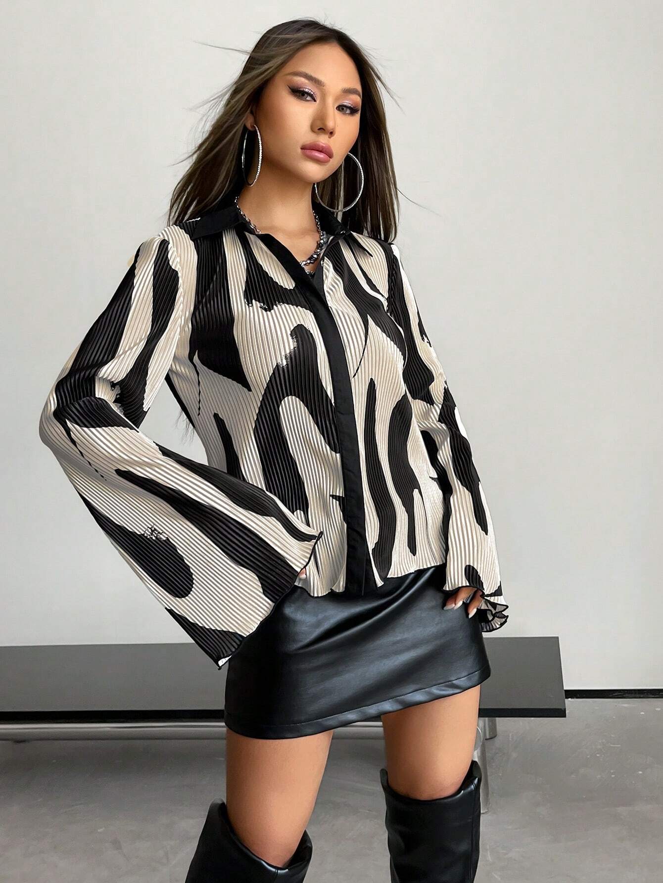 Buy SHEIN ICON Allover Print Flounce Sleeve Spring Shirt in Pakistan