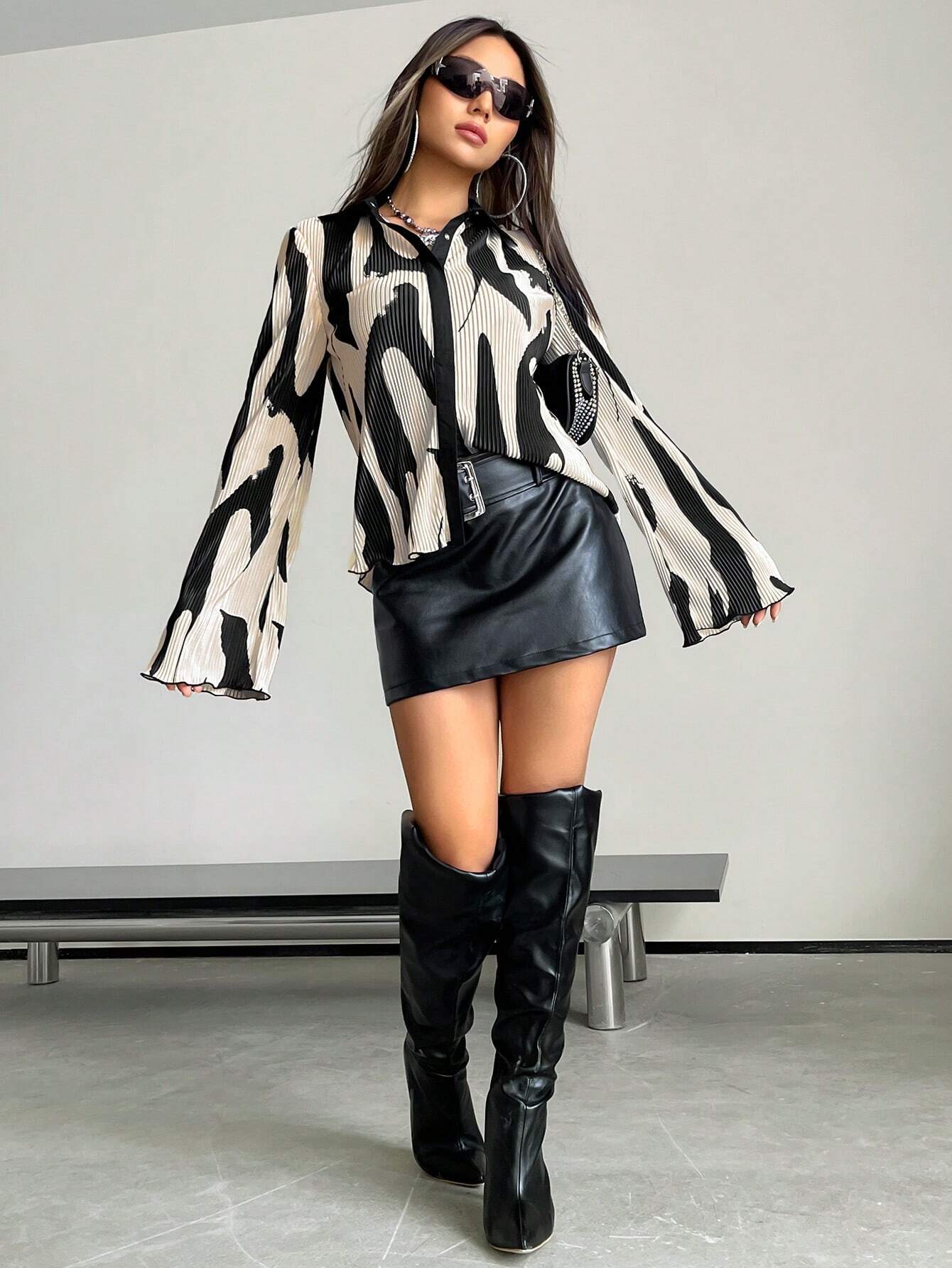 Buy SHEIN ICON Allover Print Flounce Sleeve Spring Shirt in Pakistan