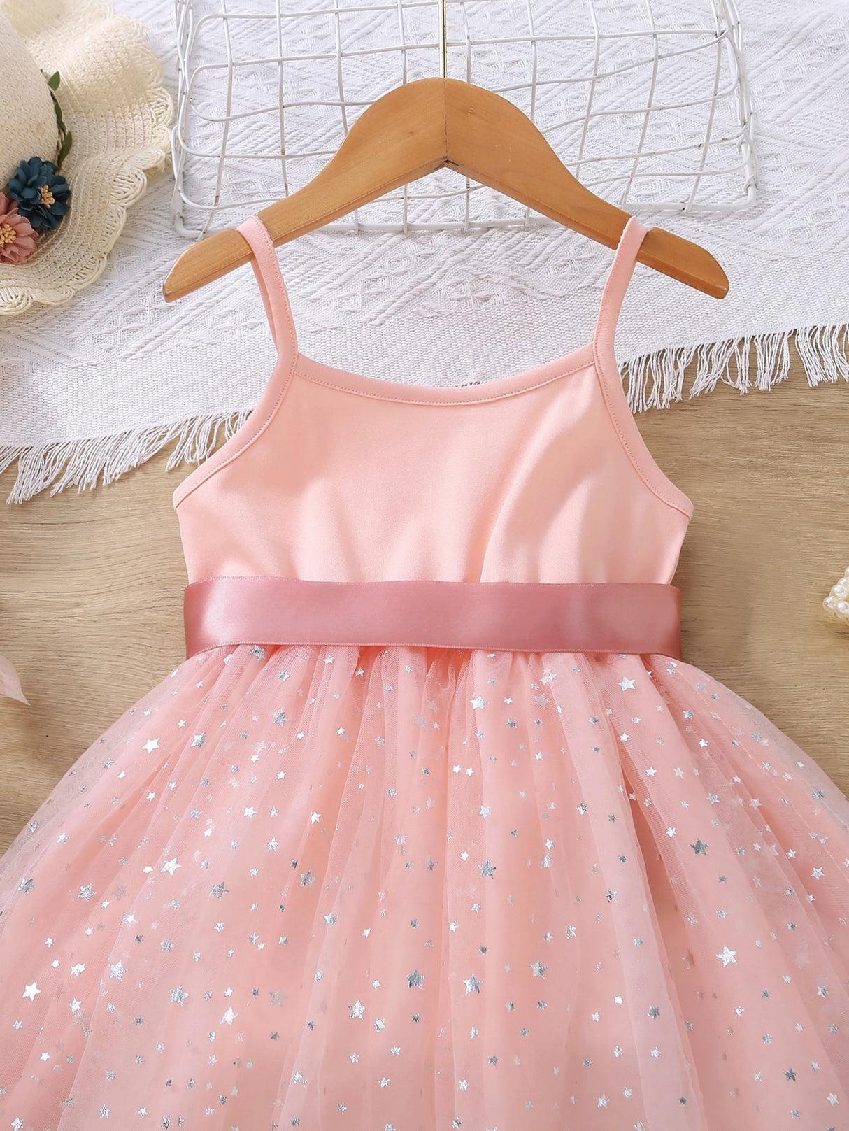 Buy SHEIN Kids CHARMNG Young Girl Star Print Mesh Overlay Belted Cami Dress in Pakistan