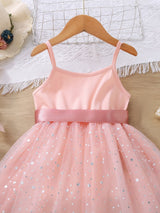 Buy SHEIN Kids CHARMNG Young Girl Star Print Mesh Overlay Belted Cami Dress in Pakistan