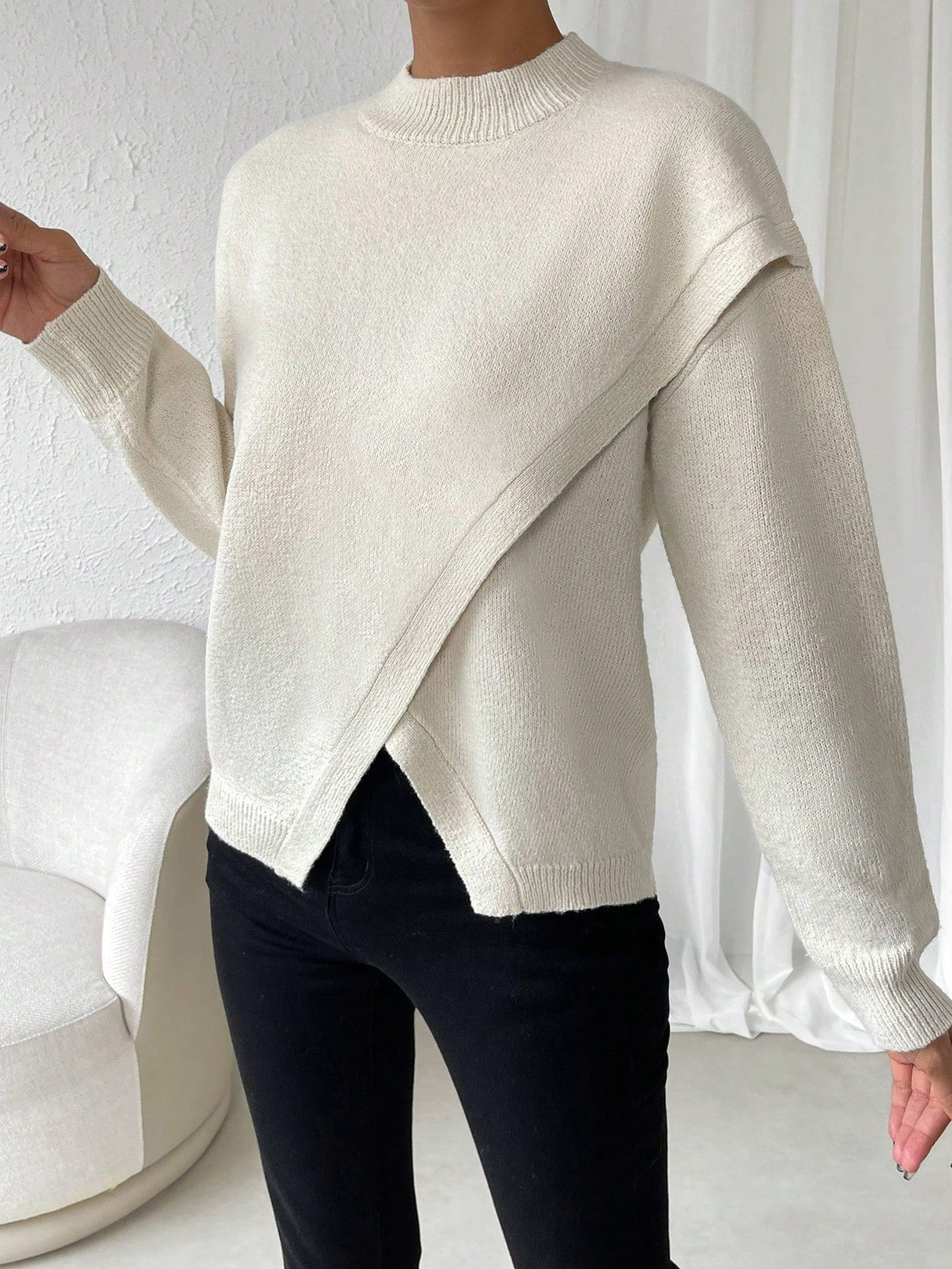 Buy SHEIN LUNE Solid Drop Shoulder Wrap Detail Sweater in Pakistan