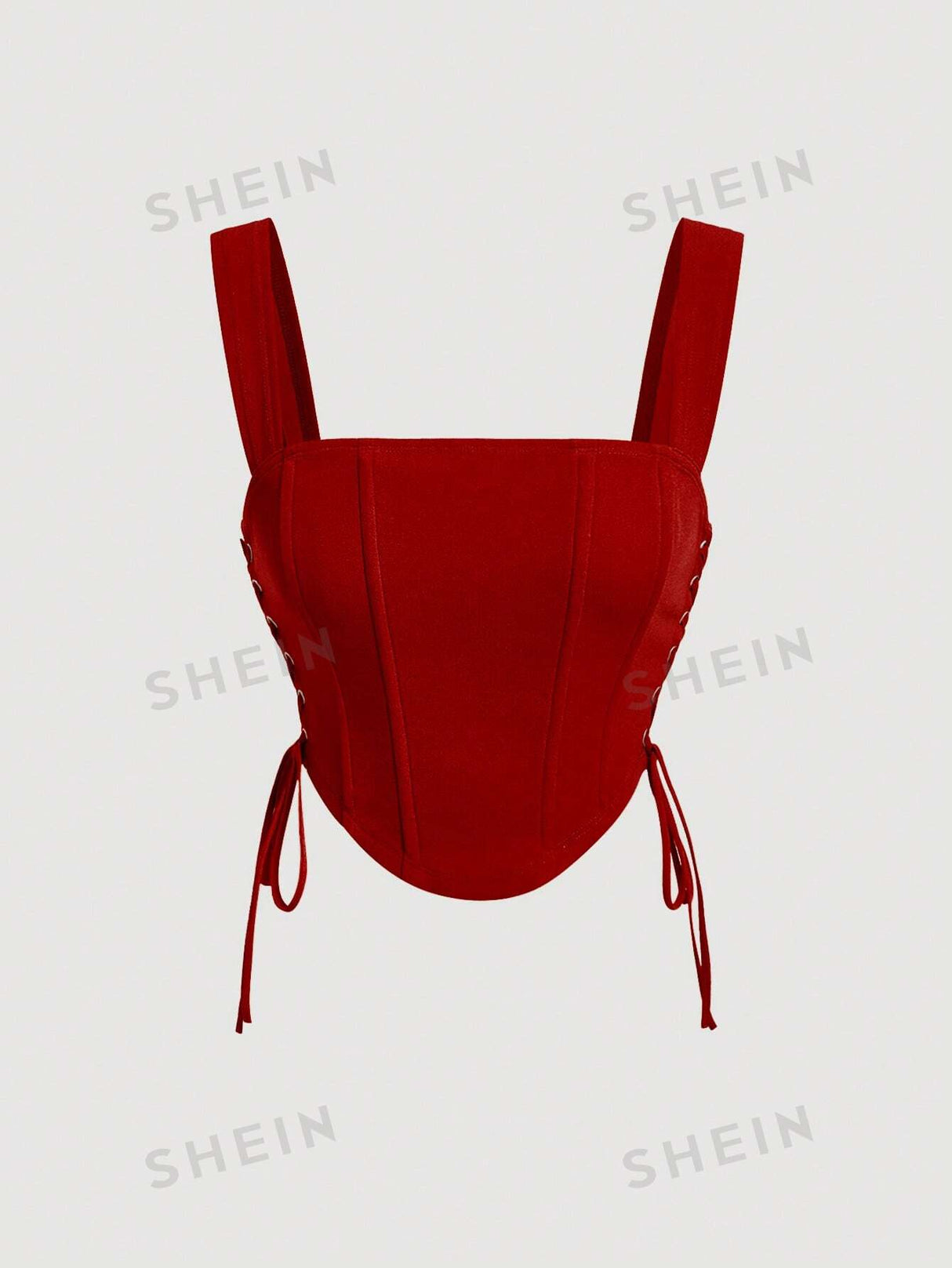 Buy SHEIN MOD Lace Up Side Fish Bone Decoration Curved Hem Wide Straps Red Top in Pakistan