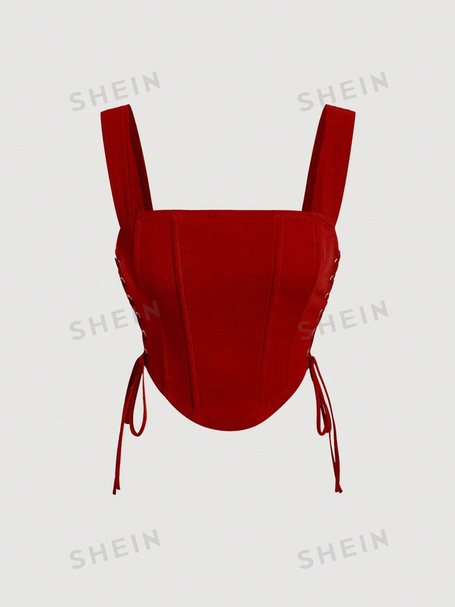 Buy SHEIN MOD Lace Up Side Fish Bone Decoration Curved Hem Wide Straps Red Top in Pakistan