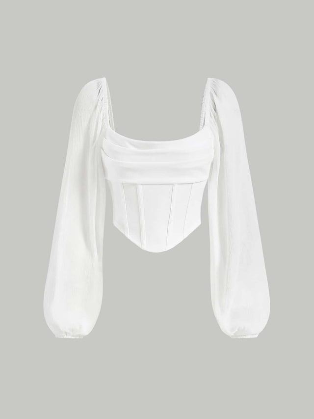 Buy SHEIN MOD Lantern Sleeve Ruched Scoop Neck Asymmetrical Hem Crop Top in Pakistan