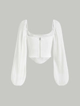 Buy SHEIN MOD Lantern Sleeve Ruched Scoop Neck Asymmetrical Hem Crop Top in Pakistan