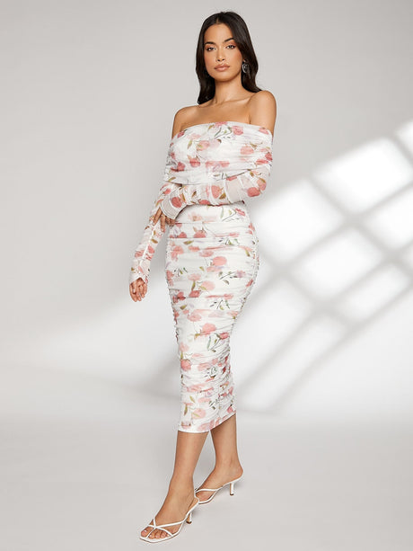 Buy SHEIN Modely Allover Floral Print Off Shoulder Ruched Dress in Pakistan