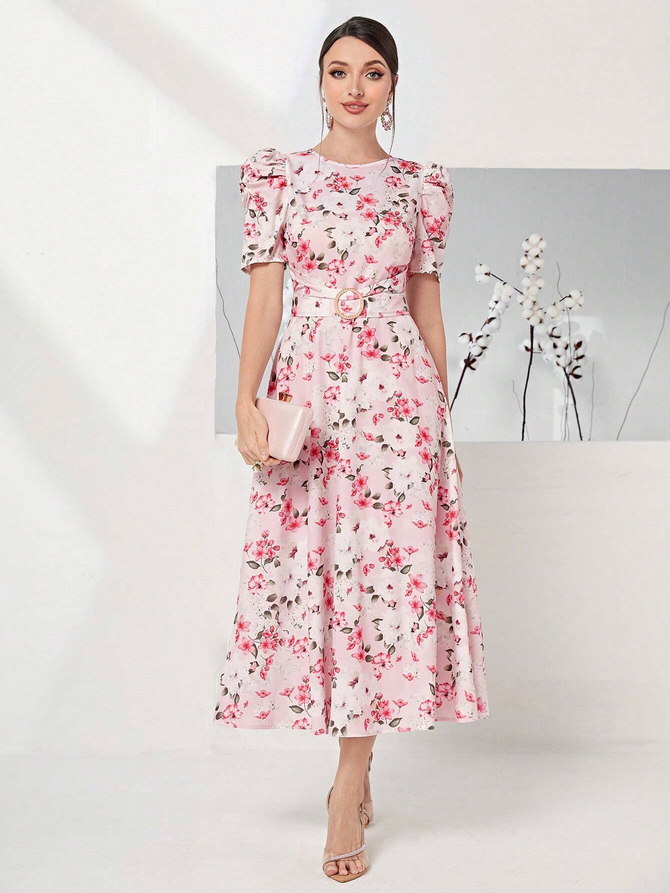 Buy SHEIN Modely Allover Floral Print Puff Sleeve Belted Dress in Pakistan