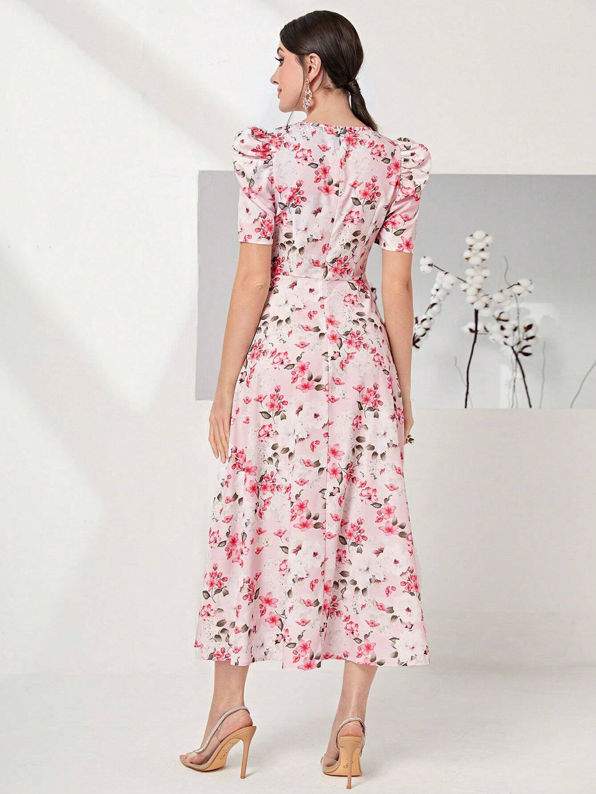 Buy SHEIN Modely Allover Floral Print Puff Sleeve Belted Dress in Pakistan