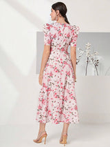 Buy SHEIN Modely Allover Floral Print Puff Sleeve Belted Dress in Pakistan