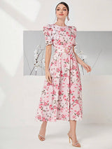 Buy SHEIN Modely Allover Floral Print Puff Sleeve Belted Dress in Pakistan