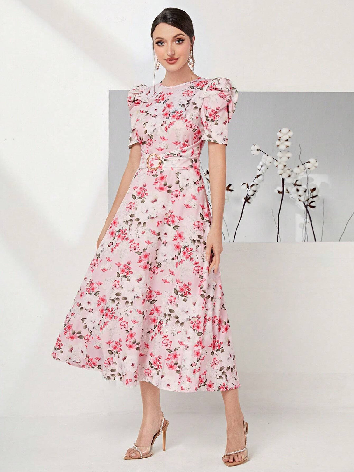 SHEIN Modely Allover Floral Print Puff Sleeve Belted Dress Bechlo.pk SHEIN Modely Allover Floral Print Puff Sleeve Belted Dress Bechlo.pk