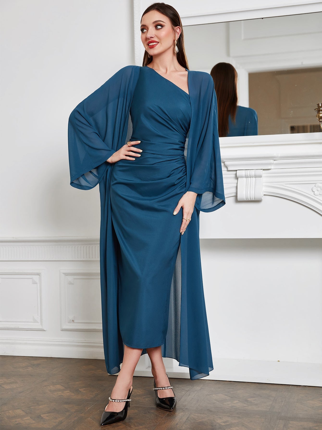 Buy SHEIN Modely Batwing Sleeve Coat & One Shoulder Ruched Dress in Pakistan