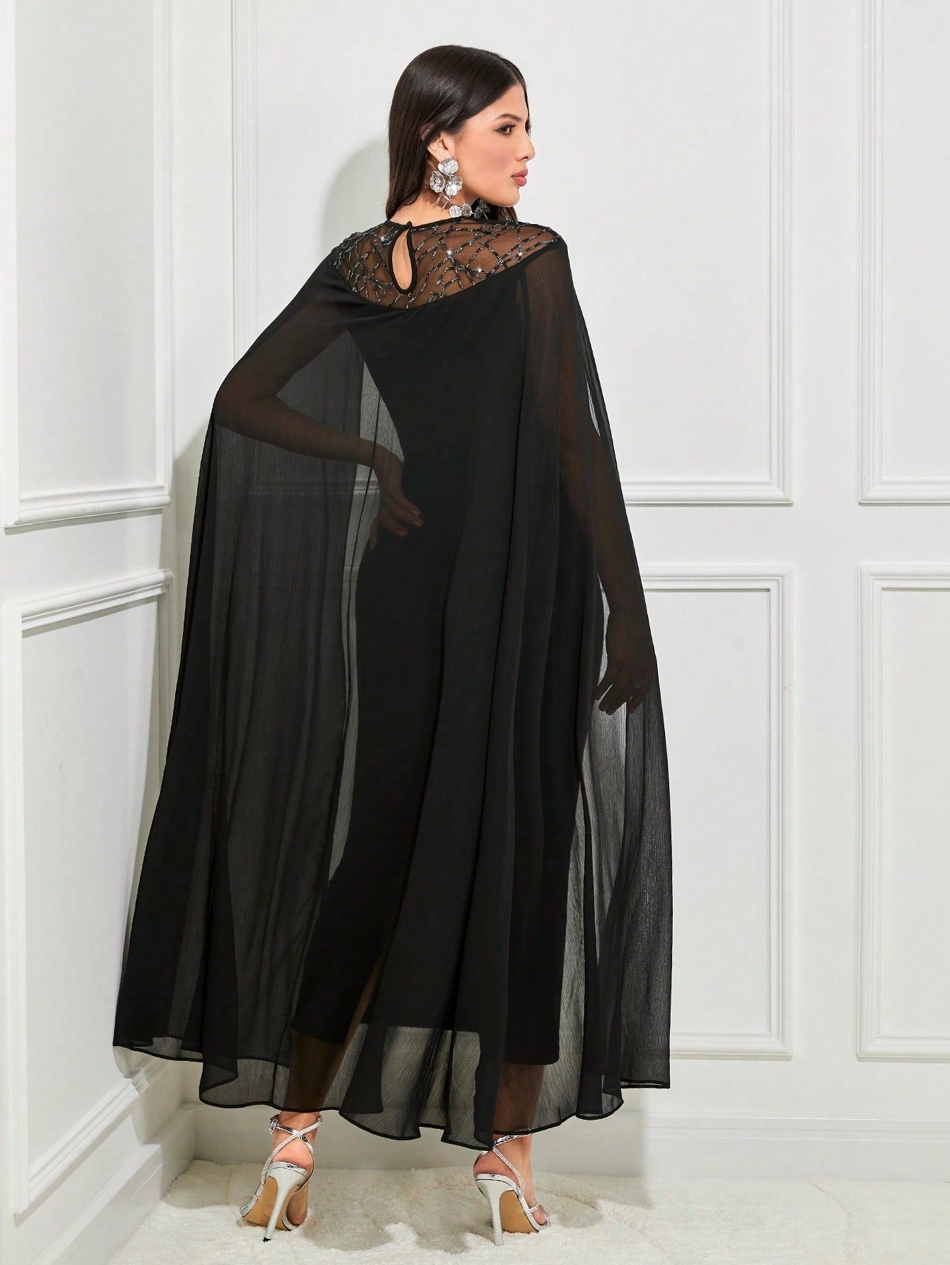 Buy SHEIN Modely Contrast Lace Cloak Sleeve Split Back Dress in Pakistan
