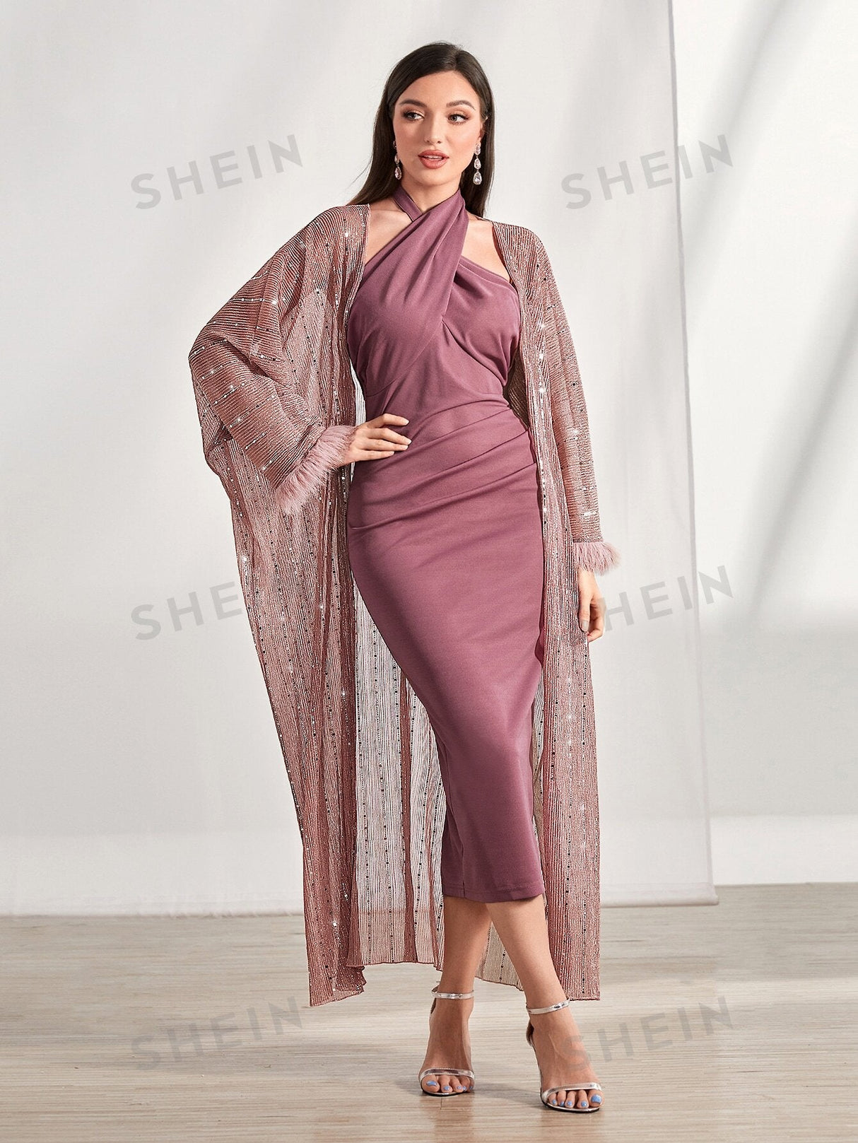 Buy SHEIN Modely Contrast Sequin Fuzzy Cuff Coat & Bodycon Dress in Pakistan