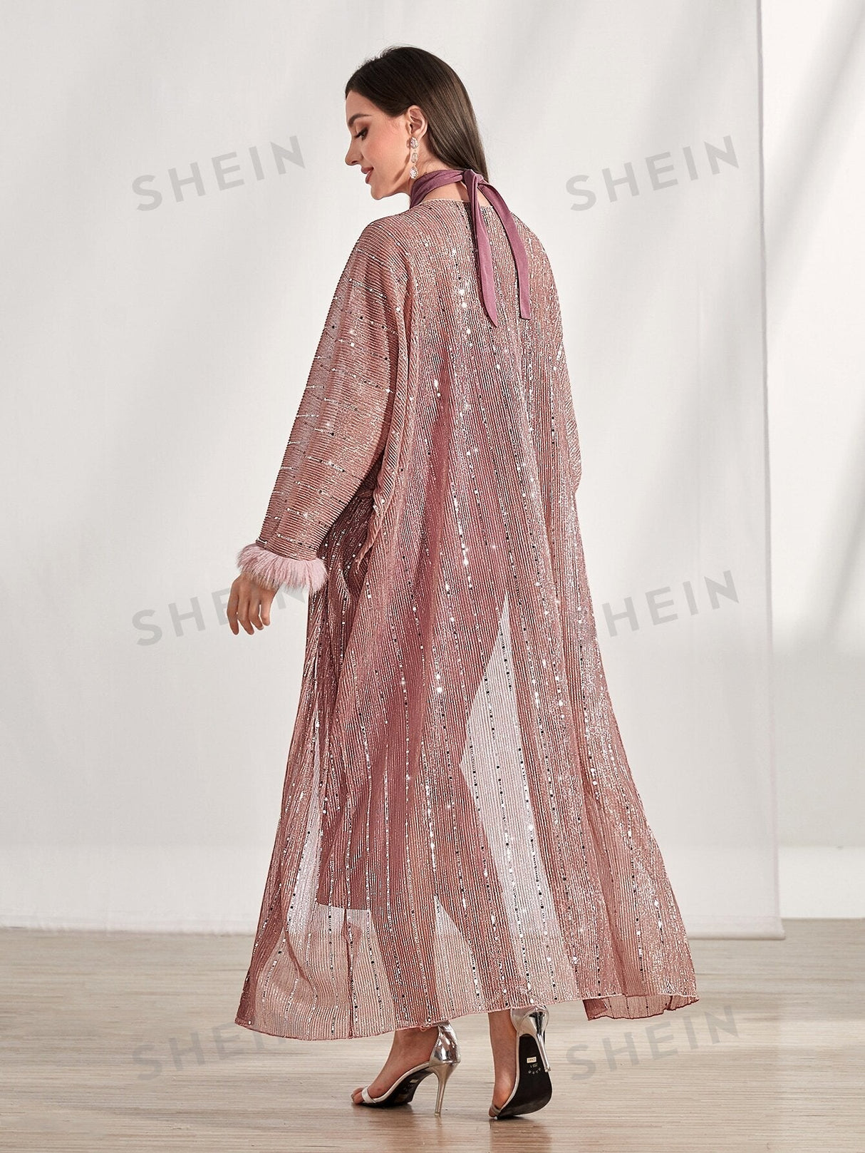 Buy SHEIN Modely Contrast Sequin Fuzzy Cuff Coat & Bodycon Dress in Pakistan
