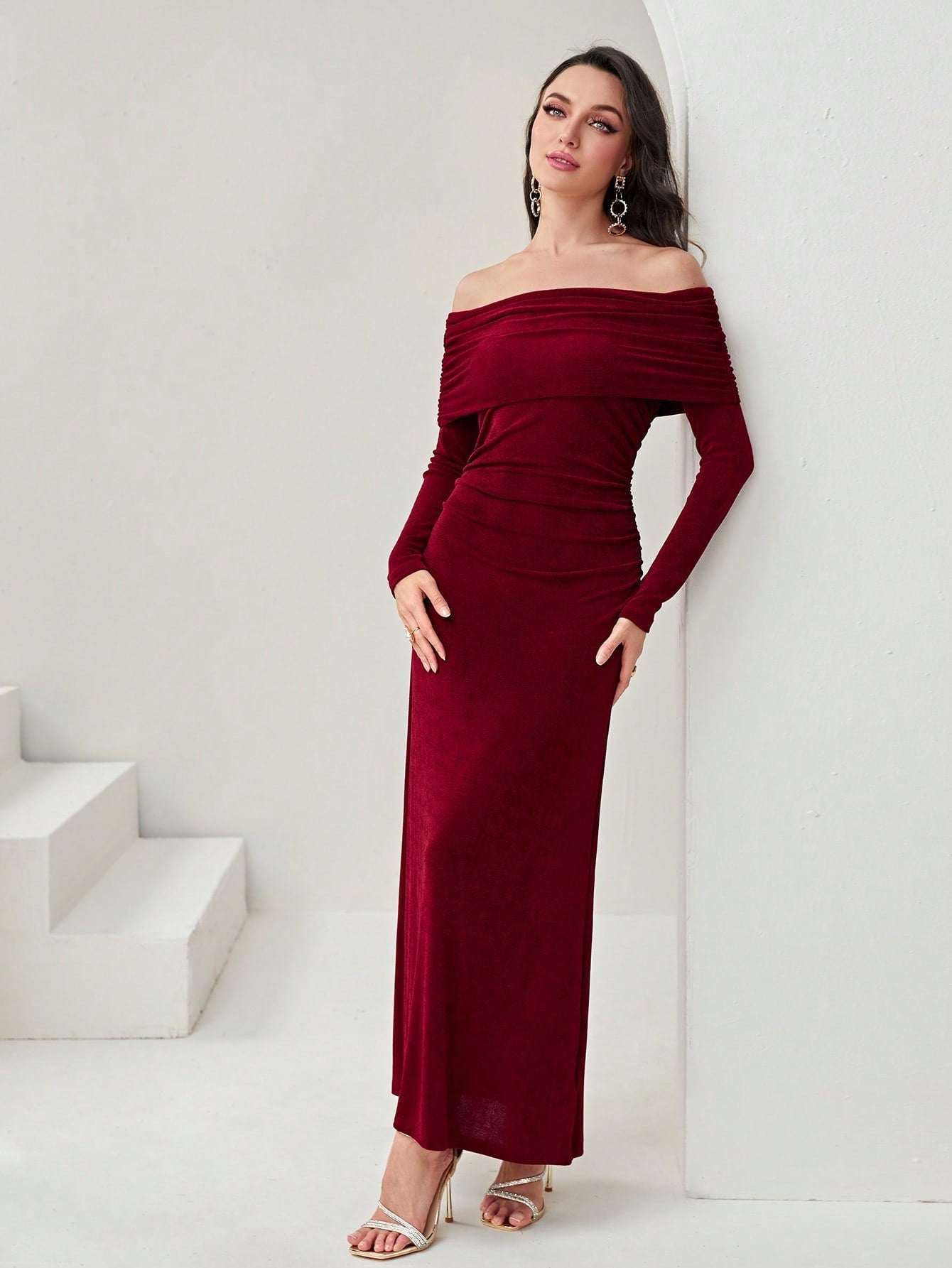 Buy SHEIN Modely Off Shoulder Ruched Side Split Thigh Dress in Pakistan