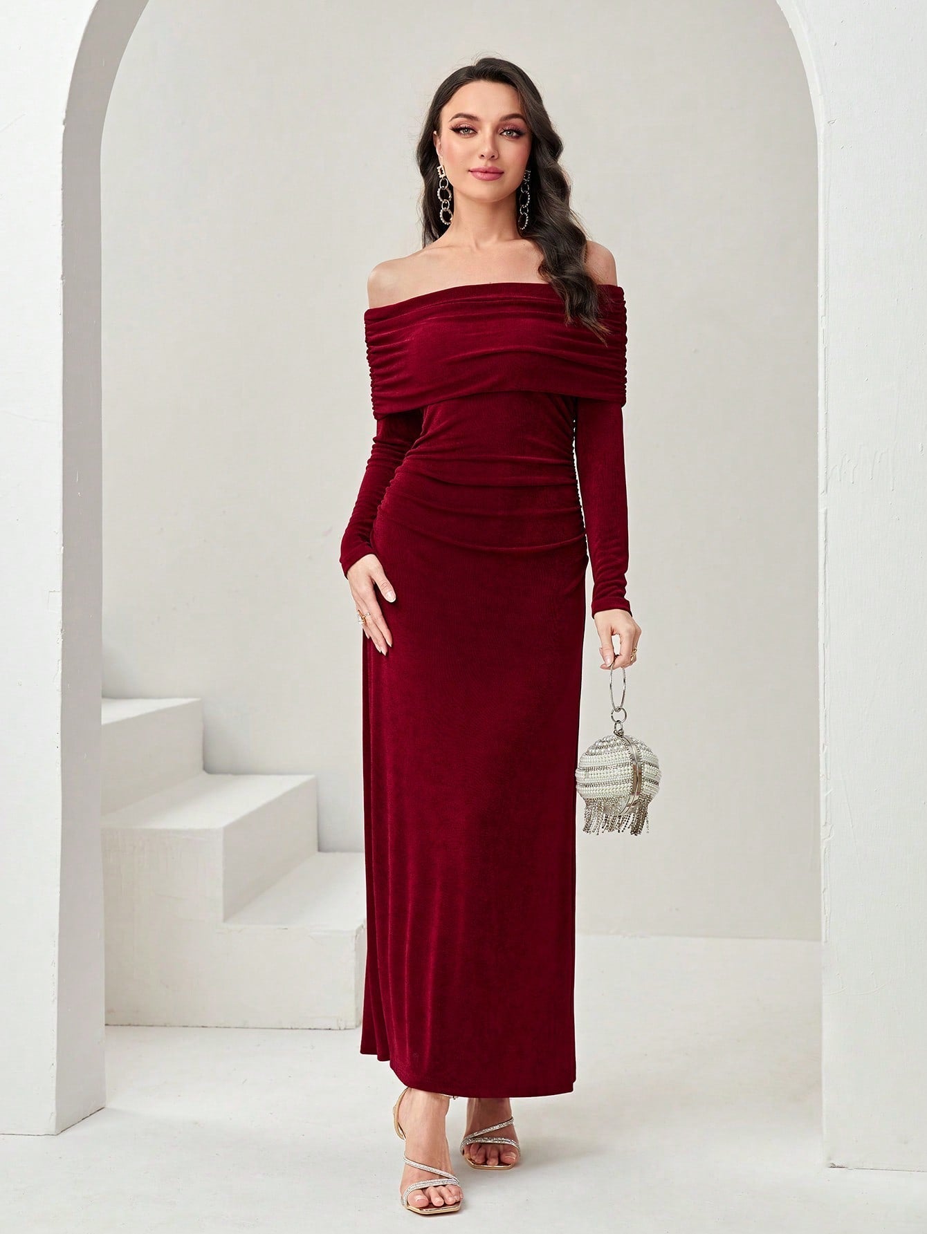 Buy SHEIN Modely Off Shoulder Ruched Side Split Thigh Dress in Pakistan
