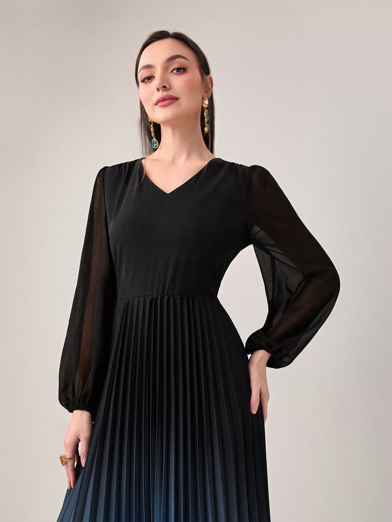 Buy SHEIN Modely Ombre Print Lantern Sleeve Pleated Hem Dress Without Belt in Pakistan