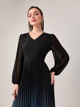 Buy SHEIN Modely Ombre Print Lantern Sleeve Pleated Hem Dress Without Belt in Pakistan